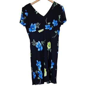 Donna Ricco Blue Floral Chiffon V Neck Dress Vintage 90s Women's 8 Petite